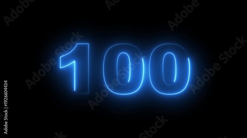 Abstract glowing neon text 100 number countdown icon. Glowing sign on black background