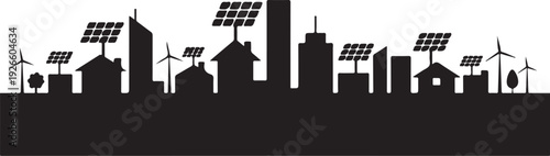 Black silhouette cityscape with solar panels and wind turbines