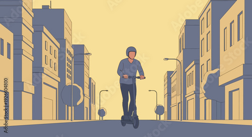 Man rides scooter in calm city street at sunrise, helmet on, serene view