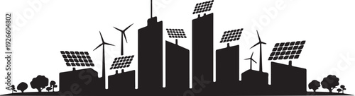 Black silhouette cityscape with solar panels and wind turbines