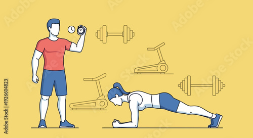 Side View Digital Illustration of Man and Woman Exercising with Dumbbells in a Bright Yellow Gym Setting