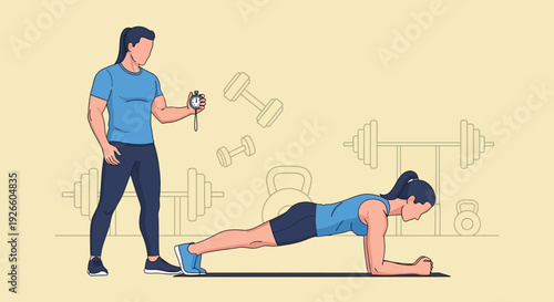 Cartoon illustration of a man timing a plank exercise in a gym setting, with another man observing and a stopwatch recording the performance.