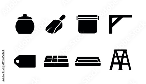 Home sugar jar storage: sugar jar, scoop, airtight container, shelf bracket, label tag, drawer organizer, tray, step ladder