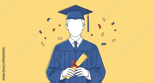 Celebrating Graduate in Blue Robe Holding Yellow Diploma with Red Ribbon Amid Confetti in Cartoon Illustration
