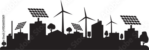 Black silhouette cityscape with wind turbines and solar panels