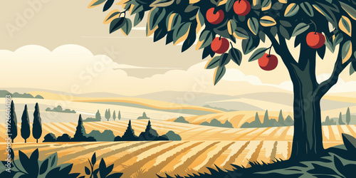 A vibrant illustration of an apple tree overlooking a golden landscape