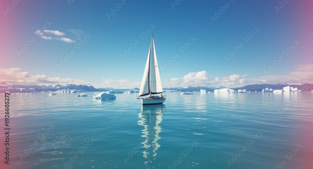 Obraz premium Sailboat navigating calm ocean waters near distant icebergs under clear skies