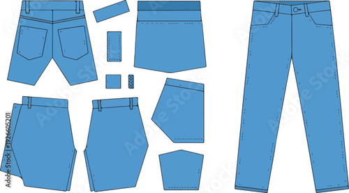 Denim Pant Sewing Pattern Technical Flat Design Vector Mockup Template