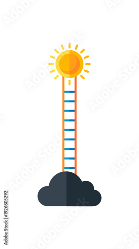 An illustration depicts a ladder extending from a dark cloud to a shining sun, symbolizing growth and aspiration. The composition suggests climbing out of challenges towards a brighter future