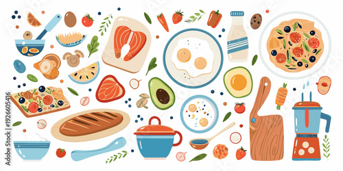 A colorful collection of healthy foods and breakfast items illustrated