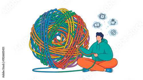 A man working with colorful yarn, a depiction of mental processing or complex problem-solving. This illustration showcases a man engaging with a large ball of yarn.