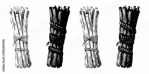 Four bundles of wheat stalks tied with string black and white illustration