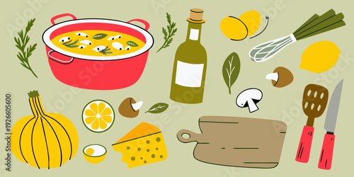 A colorful illustration of soup ingredients and cooking utensils