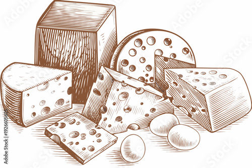 An assortment of cheese blocks wedges and rounds in a sketch style