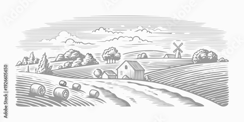 Vintage engraving of a peaceful rural landscape with a windmill and farm