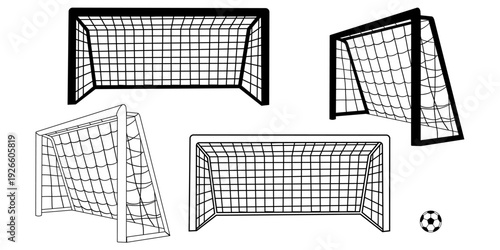 Set of black vector illustrations of soccer goals. Ideal for sporting events, club leagues, training sessions, and tournaments.