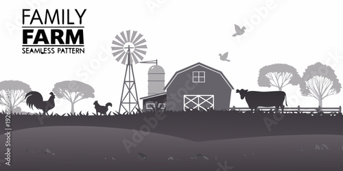 A grayscale farm scene with a windmill barn animals and rolling hills