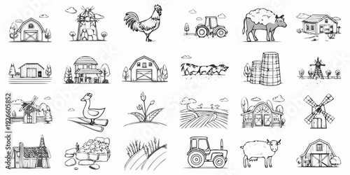 Collection of hand drawn farm animals buildings and agricultural elements