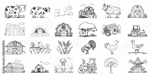 A collection of hand drawn farm animals buildings and agricultural elements