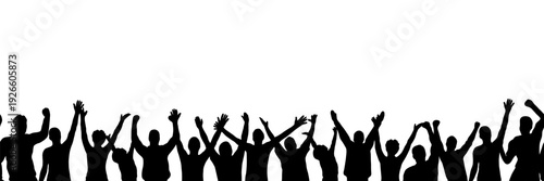 Silhouette of a crowd of people cheering with raised hands on a white background. Vector illustration.