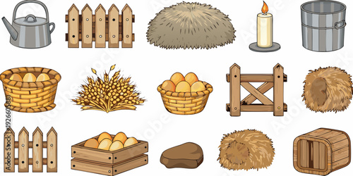 Collection of rustic farm elements including hay eggs and wooden objects
