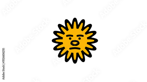 A smiling sun icon with yellow body, black outline, a face with simple eyes and nose on a white backdrop