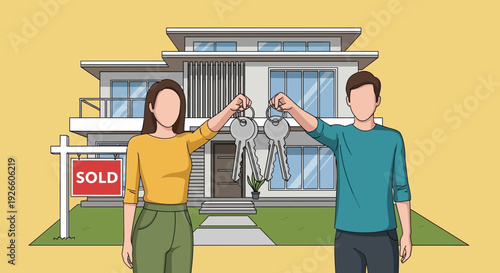 Cartoon illustration of a man and woman holding up keys outside a sold modern house, set against a bright yellow background, front view
