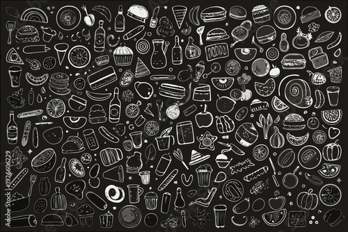 Detailed monochrome illustration of various food items and beverages
