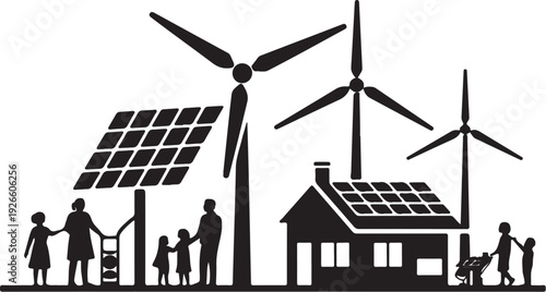 Black silhouette of family and house with solar panels and wind turbines
