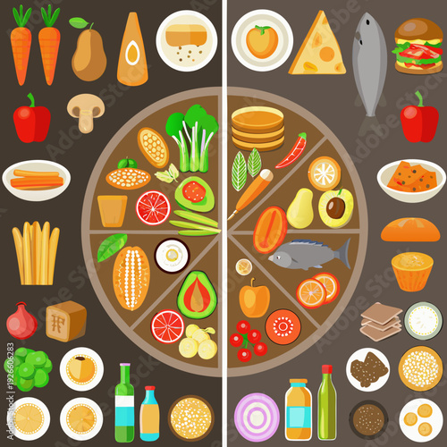 Colorful illustration displaying a variety of food items and a pie chart
