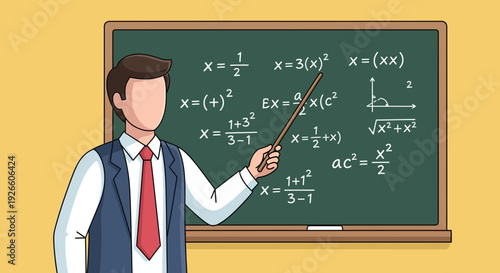 Cartoon Teacher Explains Complex Mathematics on Blackboard Using a Wooden Pointer