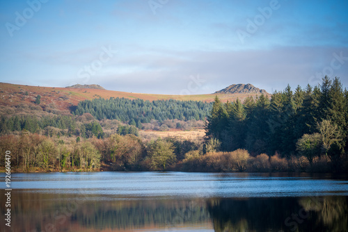 Calm Burrator Reservoir Reflection With Forested Shoreline and Rolling Hills Under Blue Sky