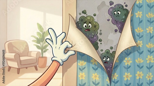 Hand discovers mold behind peeling wallpaper. House maintenance issue and fungus problem. Home repair concept for renovation and health hazard.