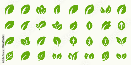 Collection of vibrant green leaf shapes arranged in a grid pattern