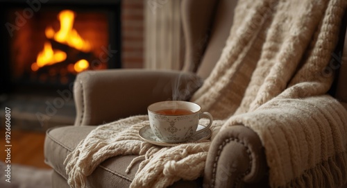 Steaming cup of tea on a chair covered with wool throw by a warm fireplace during a snug winter day inside