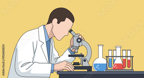 Cartoon Scientist Examining Sample Under Microscopy in Lab Table with Test Tubes, Flask and Research