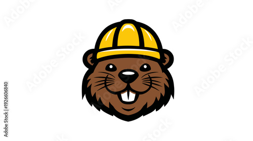 A cartoon beaver wearing a yellow hardhat with a friendly, toothy grin. The animal faces forward