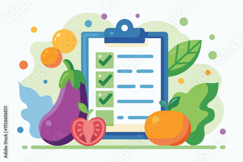 A colorful illustration depicting a checklist alongside fresh fruits and vegetables