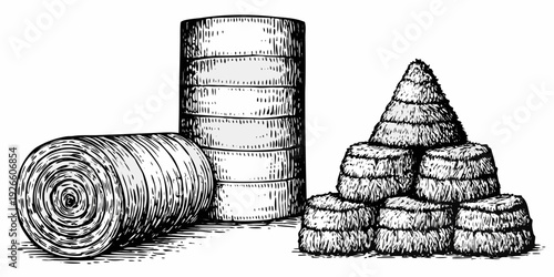 Vintage illustration of stacked hay bales and a conical haystack