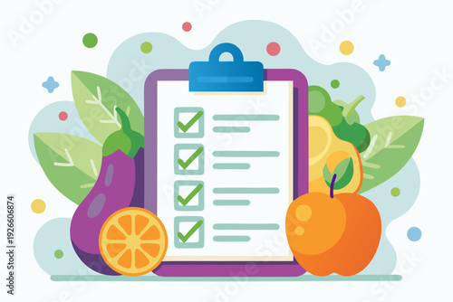 Colorful illustration of a checklist with fruits and vegetables nearby