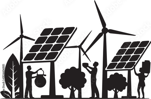 Black silhouette of people installing solar panels and wind turbines