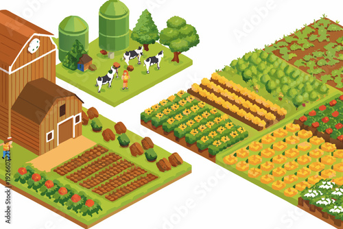 Isometric farm illustration featuring buildings crops livestock and a farmer