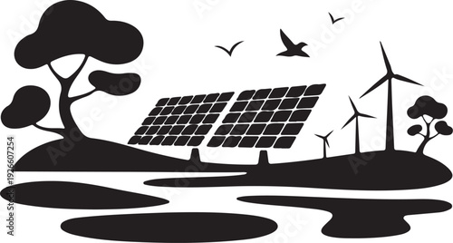 Black silhouette of solar panels and wind turbines with trees and birds