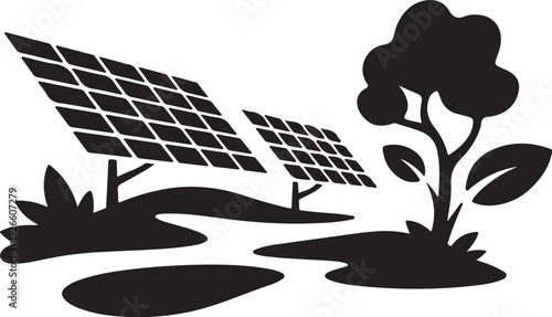 Black silhouette of solar panels and tree on white background