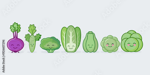 Adorable cartoon vegetables with smiling faces in a horizontal row