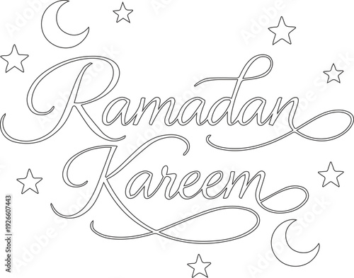 Ramadan Kareem Minimal Line Art Calligraphy with Crescent Moon and Stars Islamic Vector
