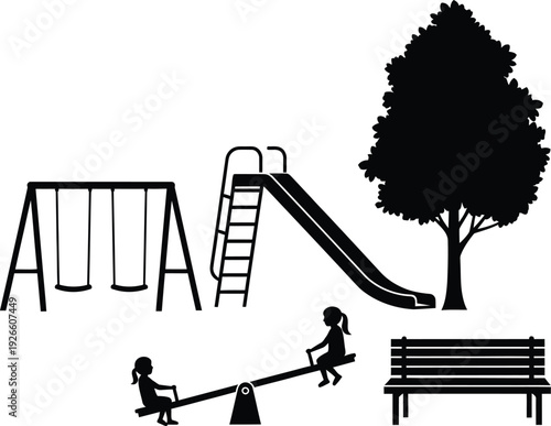 Black and white illustration of a playground with various equipment