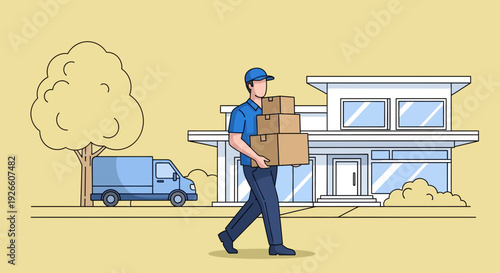 Delivery Man Navigates Busy Street, Carrying Boxes Toward House with Van and Tree in View