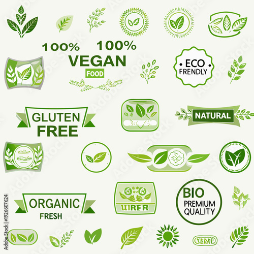 Collection of vegan organic and gluten free food labels and leaf illustrations