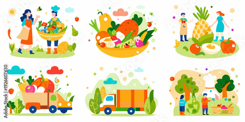 Colorful illustration depicts fresh produce people and vehicles related to healthy food and farming